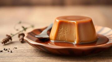 A caramel pudding on a plate with a spoon photo