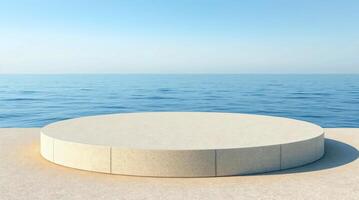 Round concrete platform on the beach with ocean in background 3d rendering photo