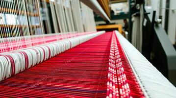A red and white weaving machine with a red and white thread photo
