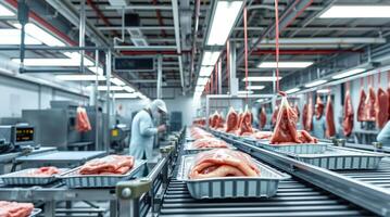 Meat processing plant with workers in the background photo