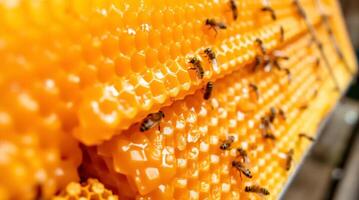Bees on a honeycomb in a hive photo