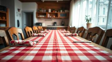 A table with a red and white checkered tablecloth photo