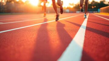 Athletes running on a track at sunset photo