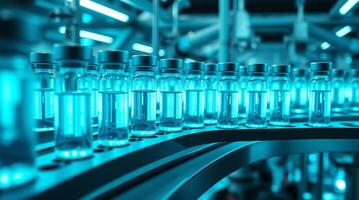 A row of bottles filled with liquid in a laboratory photo