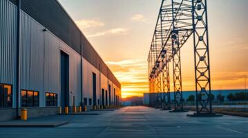 A factory building with a sunset in the background photo