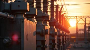 A view of high voltage electrical substations at sunset photo