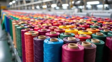 A factory with many spools of colorful thread photo