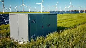 A small storage unit in a field with wind turbines photo