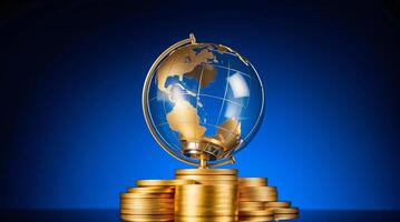 Golden globe on top of stacks of coins photo