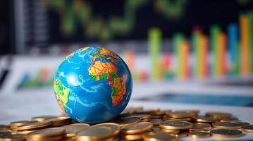 World globe on top of gold coins and stock market graph photo