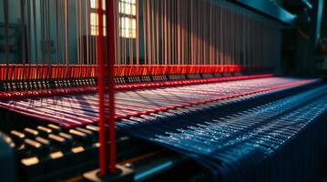 A close up of a weaving machine with red and blue threads photo