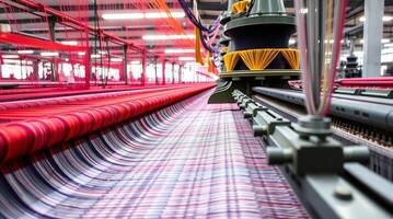 A machine is weaving a red and blue fabric photo