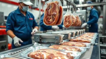 Meat processing workers in a factory photo