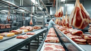 Meat processing factory with workers and meat hanging on conveyor belts photo