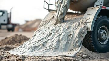 A cement mixer is pouring cement into a large pile of sand photo