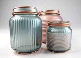 Set of mason jars with metal lids on a white background, empty glass containers for preserving food or storage, close up of the jars photo