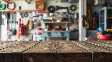 A table in a garage with tools and other items photo