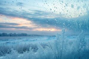 Frozen ice patterns on a windowpane with a tranquil snow covered field and soft morning light casting a gentle glow photo