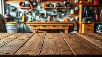 Wooden table in a garage with tools and other items photo