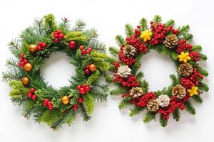 Vibrant Christmas wreaths with pinecones, berries, and gold decorations, ideal for holiday decor, perfect for creating a festive ambiance photo