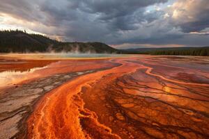 fiery planets surface with molten lava flowing across the terrain under a swirling sky of fiery gases Background photo