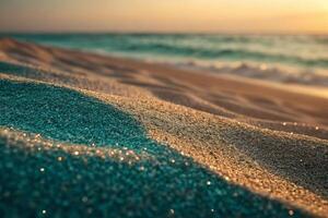 Textured golden beach sand in soft rolling dunes, sparkling under the warm glow of the setting sun, perfect for a calming background photo
