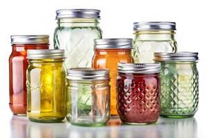 Vintage mason jars with metallic lids placed on a white backdrop, ideal for food preservation, DIY projects, or stylish home storage photo