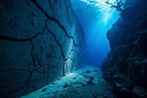underwater view of cracked obsidian walls with light rays piercing through the water, creating an otherworldly scene Background photo