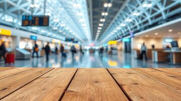 Wooden table top in airport with blurred background photo