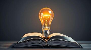 An open book with a light bulb on top photo
