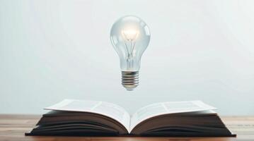 An open book with a light bulb floating above it photo