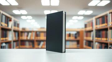 A black book on a table in front of a library photo