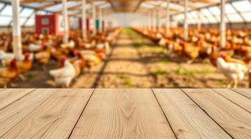 Wooden table top in a chicken farm with many chickens photo