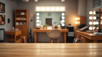 Wooden table in a room with a mirror and makeup table photo