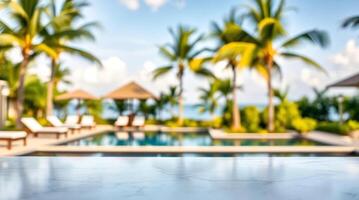 A pool with lounge chairs and palm trees in the background photo