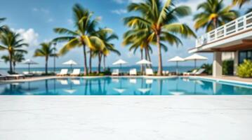 White marble table with pool and palm trees in the background photo