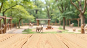 Wooden table top with blurred background in zoo photo