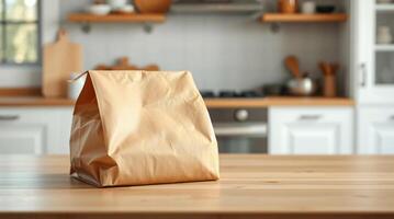 A brown paper bag sitting on a table in front of a kitchen photo