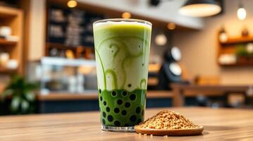 A green tea drink with a spoon next to it photo