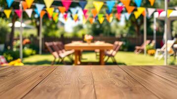 Wood table top with bunting flags in the background photo
