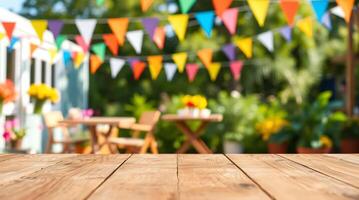 Wooden table top with bunting flags in the background photo