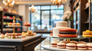 A display of macarons in a bakery photo
