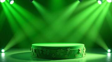 A green stage with a podium and lights photo