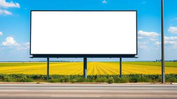 Blank billboard on the road with field and sky background photo