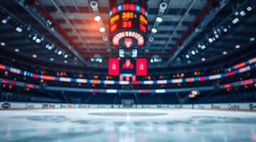 An empty hockey arena with a scoreboard and lights photo