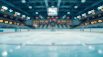 An empty hockey rink with a blurry image of the ice photo