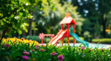 A colorful playground with a slide in the grass photo