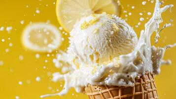 A waffle cone with ice cream and lemon slices photo