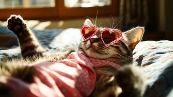 grey cat wearing heart-shaped sunglasses photo