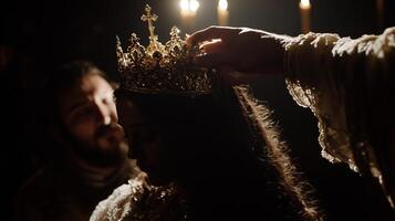 A woman wearing a crown is being held by a man photo